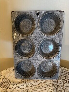 Vintage CME Gray Enamelware 6 Hole Muffin Tin Pan Primitive Rustic Decor Only